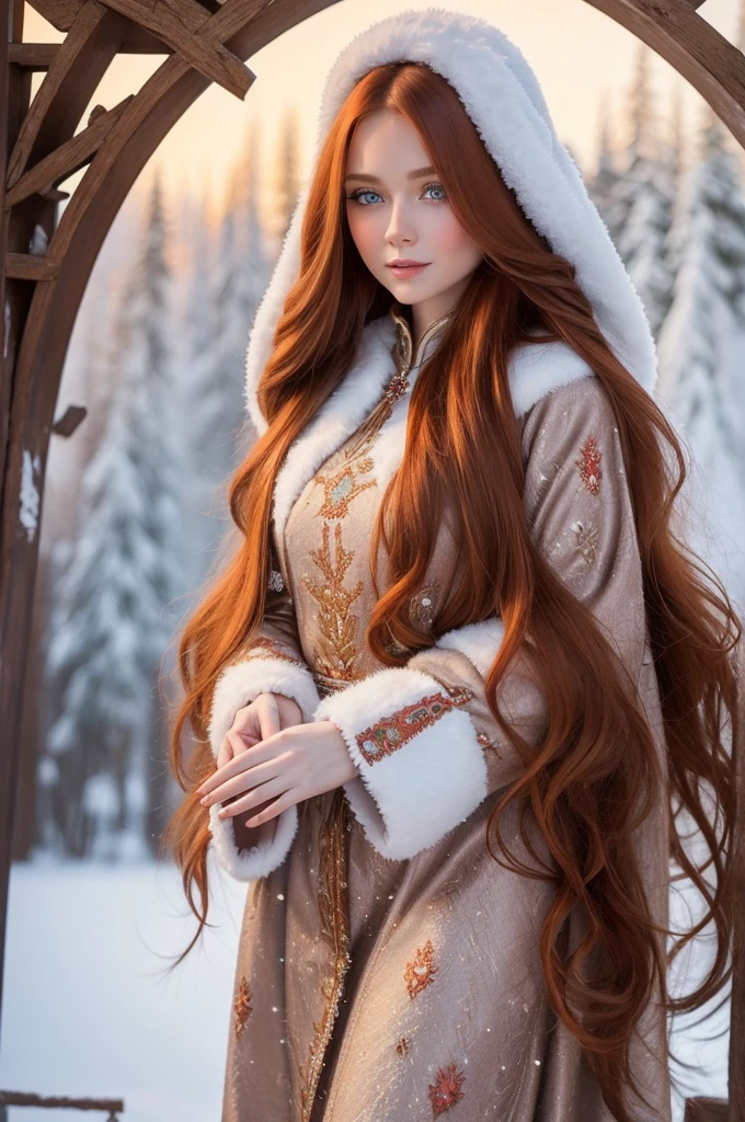 A gorgeous, pretty, shiny, kind-hearted, warm-hearted, sweet, polite, sensitive, friendly, charming, graceful, stylish, classy, alluring, majestic, ethereal ginger long haired russian woman dressed in traditional winter costumes.