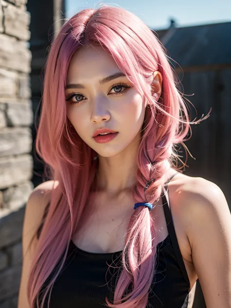 young woman, pink hair ,purple eyes,
