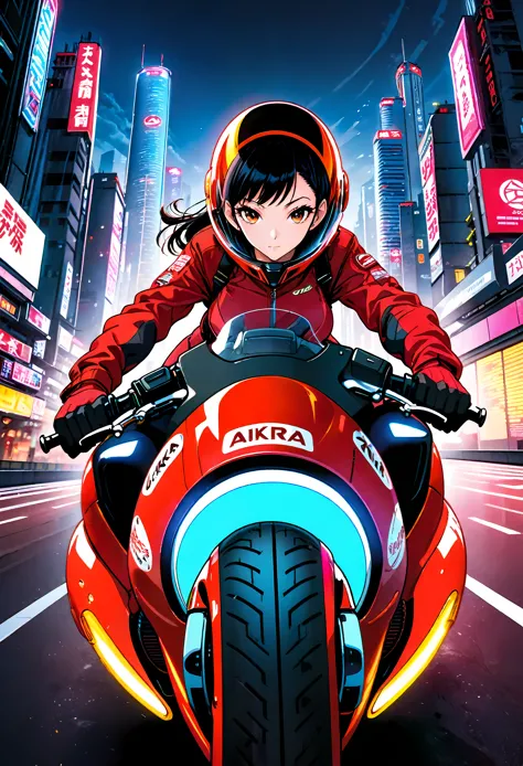 Create a detailed image of a futuristic motorcycle inspired by the iconic bike from the classic Akira manga/anime. The motorcycl...
