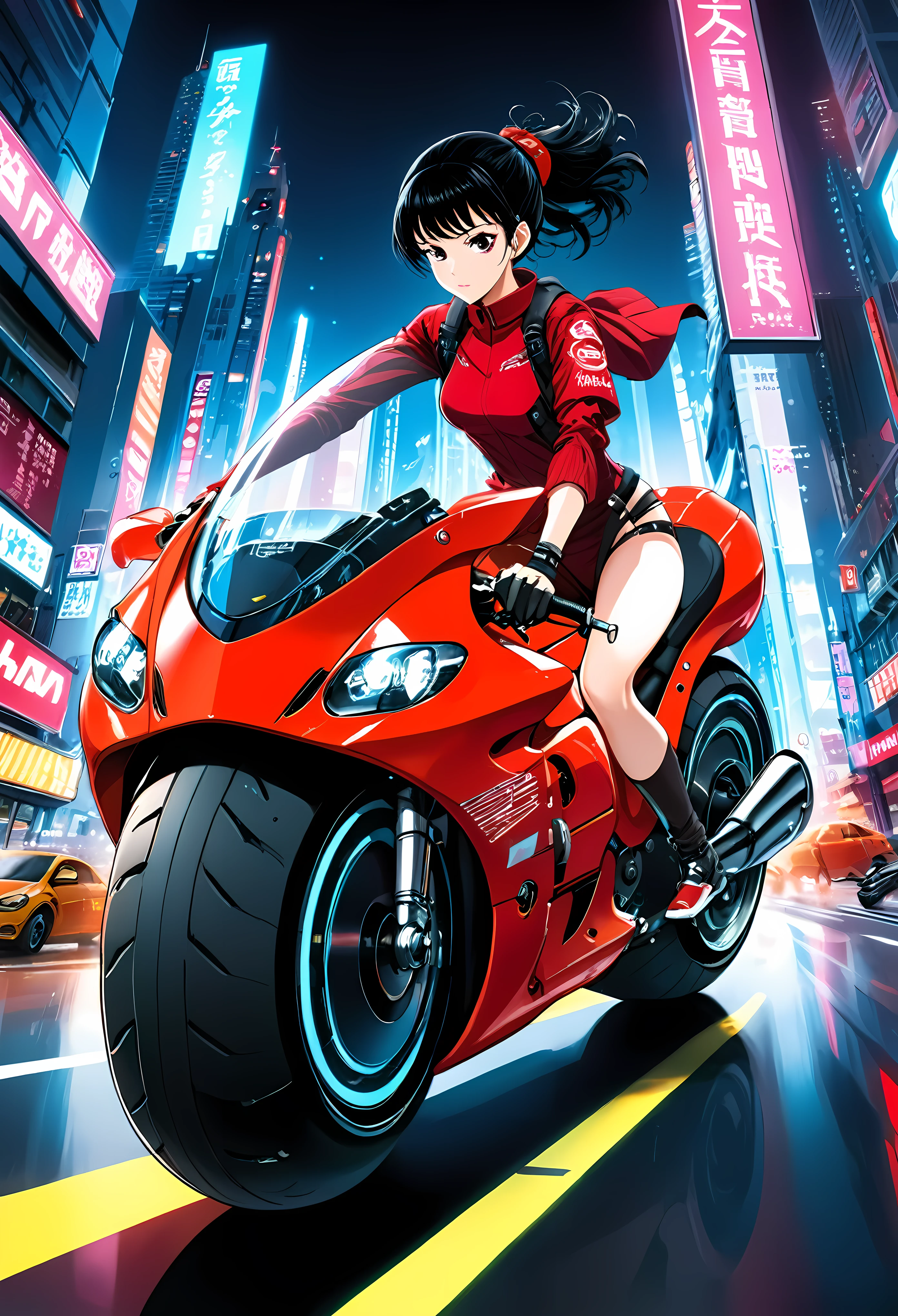 Create a 세부 사항ed image of a futuristic motorcycle inspired by the iconic bike from the classic Akira manga/일본 만화 영화. 오토바이는 매끈해야 한다, aerodynamic 설계 with a low-slung, 길쭉한 몸체. 선명한 레드 컬러와 윤기 있는 마감이 특징이어야 합니다.. 앞면은 곡선으로 되어 있어야 합니다., 거품 모양의 유리창, 자전거의 유선형 형태에 통합됨. 바퀴는 크고 두꺼워야합니다, 미래 지향적인, 거의 호버링과 같은 품질. The front wheel is parti모두y covered by an angular fender, 뒷바퀴가 노출된 상태에서, showcasing intricate suspension and mechanical 세부 사항s. The bike should have 세부 사항ed decals, 로고와 미래 지향적인 텍스트 포함. 좌석은 1인 탑승자에 맞게 윤곽이 잡혀야 합니다., 자전거 본체에 완벽하게 혼합됨. 핸들바는 최소화되어야 합니다., with advanced digital controls and displays integrated into the 설계. 배경은 네온 불빛이 켜진 밤의 도시 풍경이어야 합니다., with t모두 skyscrapers and futuristic elements, 사이버펑크 분위기를 자아내는. ((미래 지향적인 네온 의상을 입은 예쁜 여성 자전거 라이더):1.2). | ((완벽한_구성, 완벽한_설계, 완벽한_공들여 나열한 것, 완벽한_세부 사항, 극단론자_세부 사항ed)), ((향상시키다_모두, 고치다_모두)), 자세한 세부 사항, 향상시키다.
