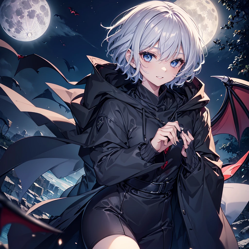 ((((vampire　Inflammation))))　(((Gray Hair　short hair　blue eyes　woman　Center close-up)))，((night　full moon　My own big wings))，(Wearing a hood　Black camisole　Purple light　Wearing a cloak)，　Creepy Smile　Showing teeth　Shining Background　Shining Edges