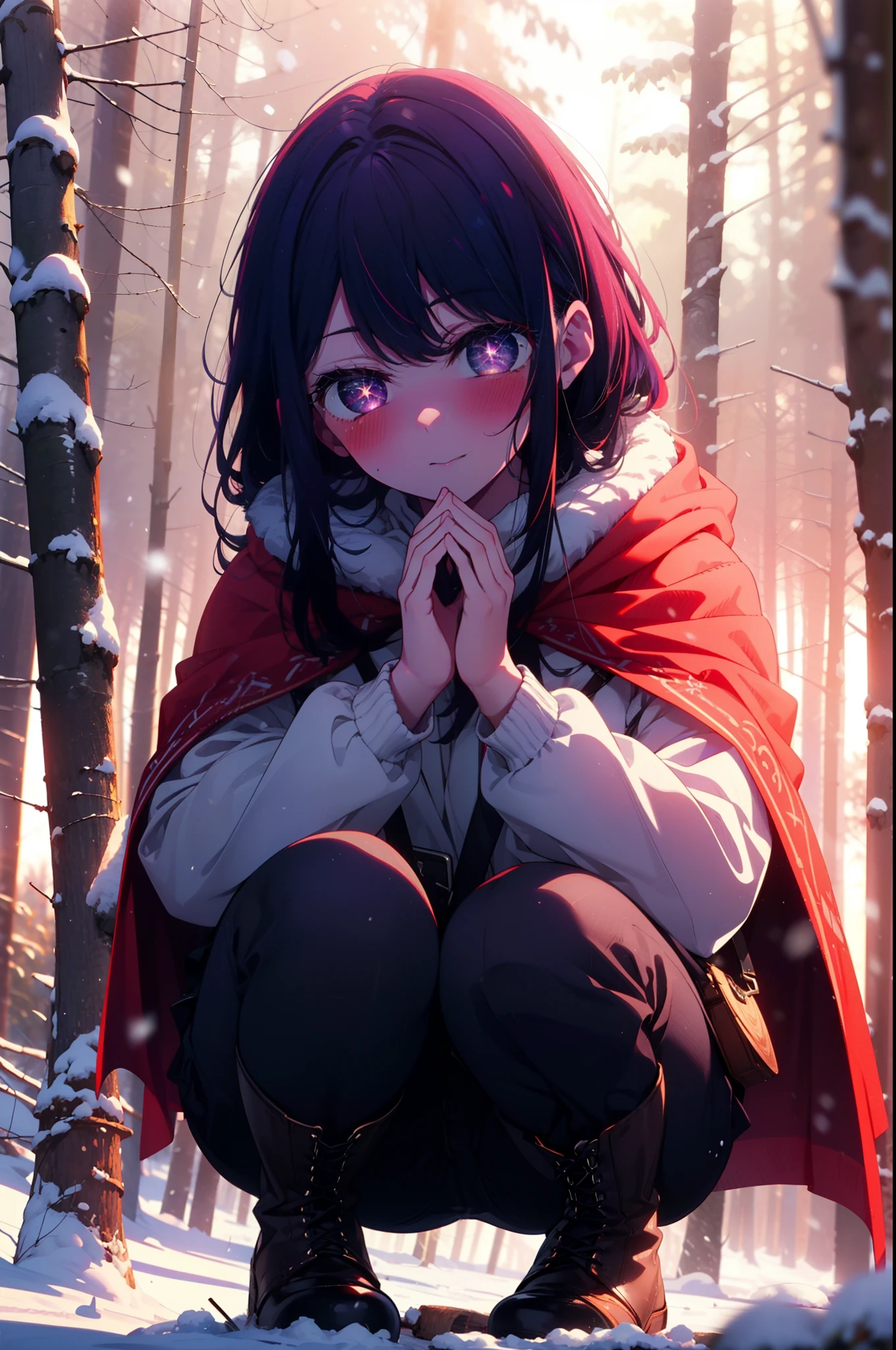 aihoshino, Ai Hoshino, Long Hair, bangs, (Purple eyes:1.1), Purple Hair, (Symbol-shaped pupil:1.5), smile,,smile,blush,White Breath,
Open your mouth,snow,Ground bonfire, Outdoor, boots, snowing, From the side, wood, suitcase, Cape, Blurred, , forest, White handbag, nature,  Squat, Mouth closed, Cape, winter, Written boundary depth, Black shoes, red Cape break looking at viewer, Upper Body, whole body, break Outdoor, forest, nature, break (masterpiece:1.2), Highest quality, High resolution, unity 8k wallpaper, (shape:0.8), (Beautiful and beautiful eyes:1.6), Highly detailed face, Perfect lighting, Extremely detailed CG, (Perfect hands, Perfect Anatomy),