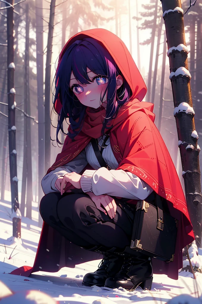 aihoshino, Ai Hoshino, Long Hair, bangs, (Purple eyes:1.1), Purple Hair, (Symbol-shaped pupil:1.5), smile,,smile,blush,White Breath,
Open your mouth,snow,Ground bonfire, Outdoor, boots, snowing, From the side, wood, suitcase, Cape, Blurred, , forest, White handbag, nature,  Squat, Mouth closed, Cape, winter, Written boundary depth, Black shoes, red Cape break looking at viewer, Upper Body, whole body, break Outdoor, forest, nature, break (masterpiece:1.2), Highest quality, High resolution, unity 8k wallpaper, (shape:0.8), (Beautiful and beautiful eyes:1.6), Highly detailed face, Perfect lighting, Extremely detailed CG, (Perfect hands, Perfect Anatomy),