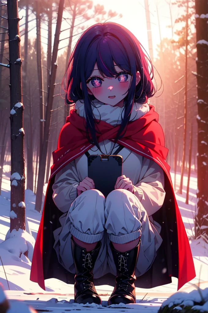 aihoshino, Ai Hoshino, Long Hair, bangs, (Purple eyes:1.1), Purple Hair, (Symbol-shaped pupil:1.5), smile,,smile,blush,White Breath,
Open your mouth,snow,Ground bonfire, Outdoor, boots, snowing, From the side, wood, suitcase, Cape, Blurred, , forest, White handbag, nature,  Squat, Mouth closed, Cape, winter, Written boundary depth, Black shoes, red Cape break looking at viewer, Upper Body, whole body, break Outdoor, forest, nature, break (masterpiece:1.2), Highest quality, High resolution, unity 8k wallpaper, (shape:0.8), (Beautiful and beautiful eyes:1.6), Highly detailed face, Perfect lighting, Extremely detailed CG, (Perfect hands, Perfect Anatomy),