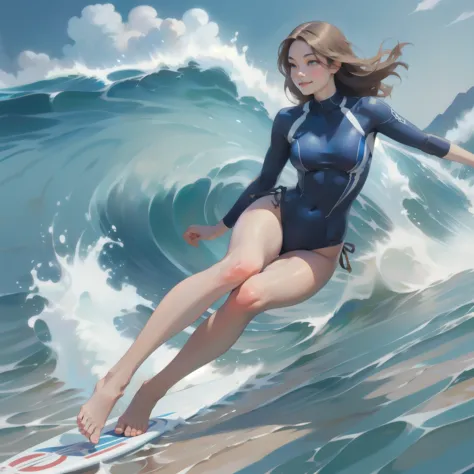 Beautiful japanese woman with tanned skin, brown long hair, wearing a bikini, surfing at sea, (1 Girl), standing, (Full Body), B...