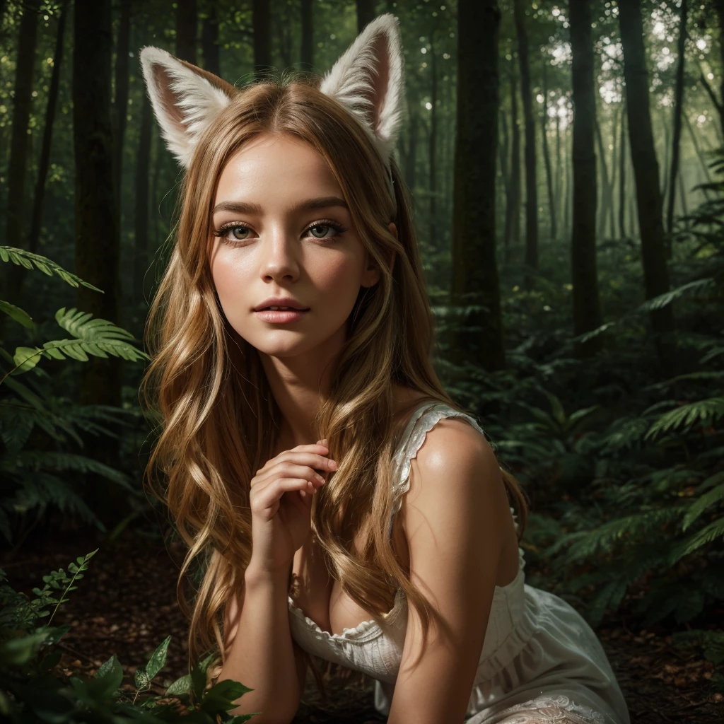 a charming girl in fluffy white pajamas with ears and foxtail, sitting in an enchanted forest, (best quality,4k,8k,highres,masterpiece:1.2),ultra-detailed,(realistic,photorealistic,photo-realistic:1.37),beautiful detailed eyes,beautiful detailed lips,extremely detailed eyes and face,longeyelashes,soft lighting,warm color tones,lush vegetation,magical atmosphere,intricate details,enchanted forest,whimsical,dreamlike