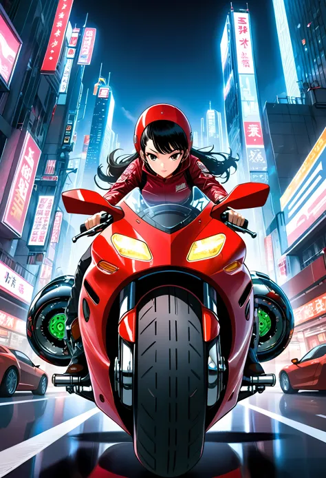 Create a detailed image of a futuristic motorcycle inspired by the iconic bike from the classic Akira manga/anime. The motorcycl...