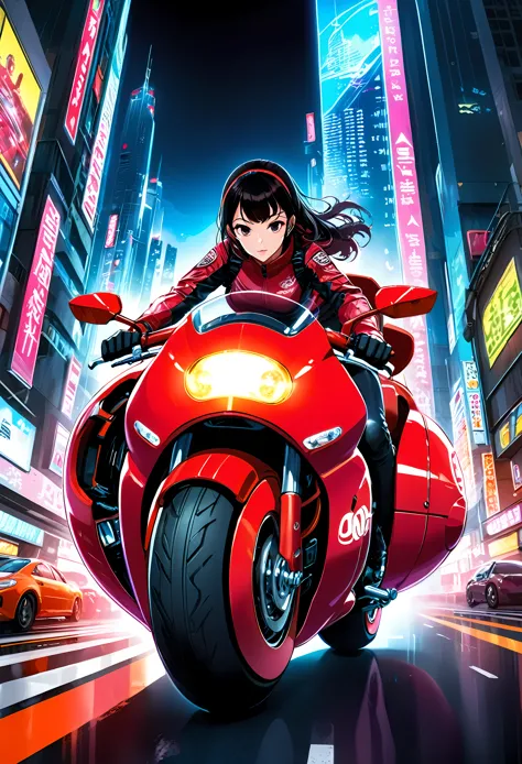 Create a detailed image of a futuristic motorcycle inspired by the iconic bike from the classic Akira manga/anime. The motorcycl...