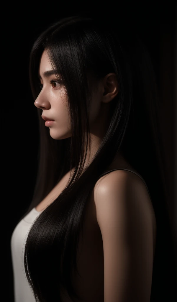 4k, realistic, cinematic, very detail, studio photography, light and shade shot, Low key photo, dark shot,20 yo girl , profile shot, shot by side, extreamly dark, Silhouette with rim light, long hair, hair light, 25 years old, white skin,  full body, masterpiece, photorealism, soft light, rim light.