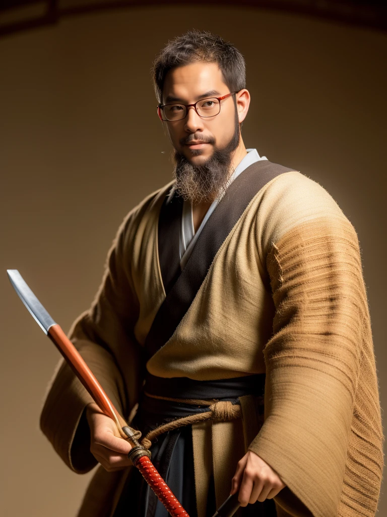 crew cut, (((full body))), mature man, [slightly fat], asian man, brown eyes, rounded face, glasses, slightly balding, (big shoulders), (((stubbles, Short beard))), (((full beard))), (Beautiful eyes:1.3), (Detailed face:1.3), image of a young samurai ronin: brave, masterful swordsmanship. He&#39;s standing on the horizon, ready for battle, piercing gaze and powerful figure express his readiness for protection and honor. The shine of the moon is reflected on his helmet, symbolizing his unwavering devotion and discipline. His posture is reminiscent of his formidable prowess in battle, willingness to shed blood for the sake of his code of honor