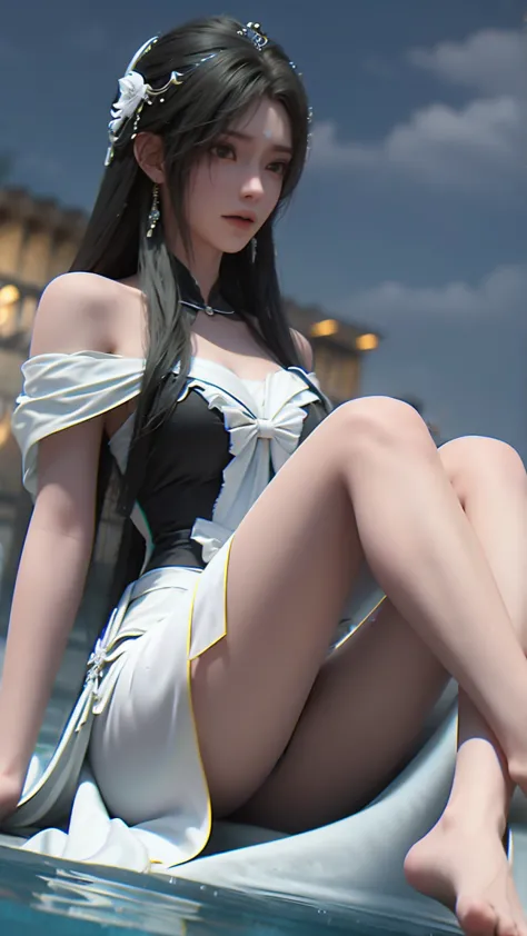 ((masterpiece,best quality)),8k wallpaper,1 girl, black hair，hair flying，wearing a white maid outfit，transparent black silk tull...