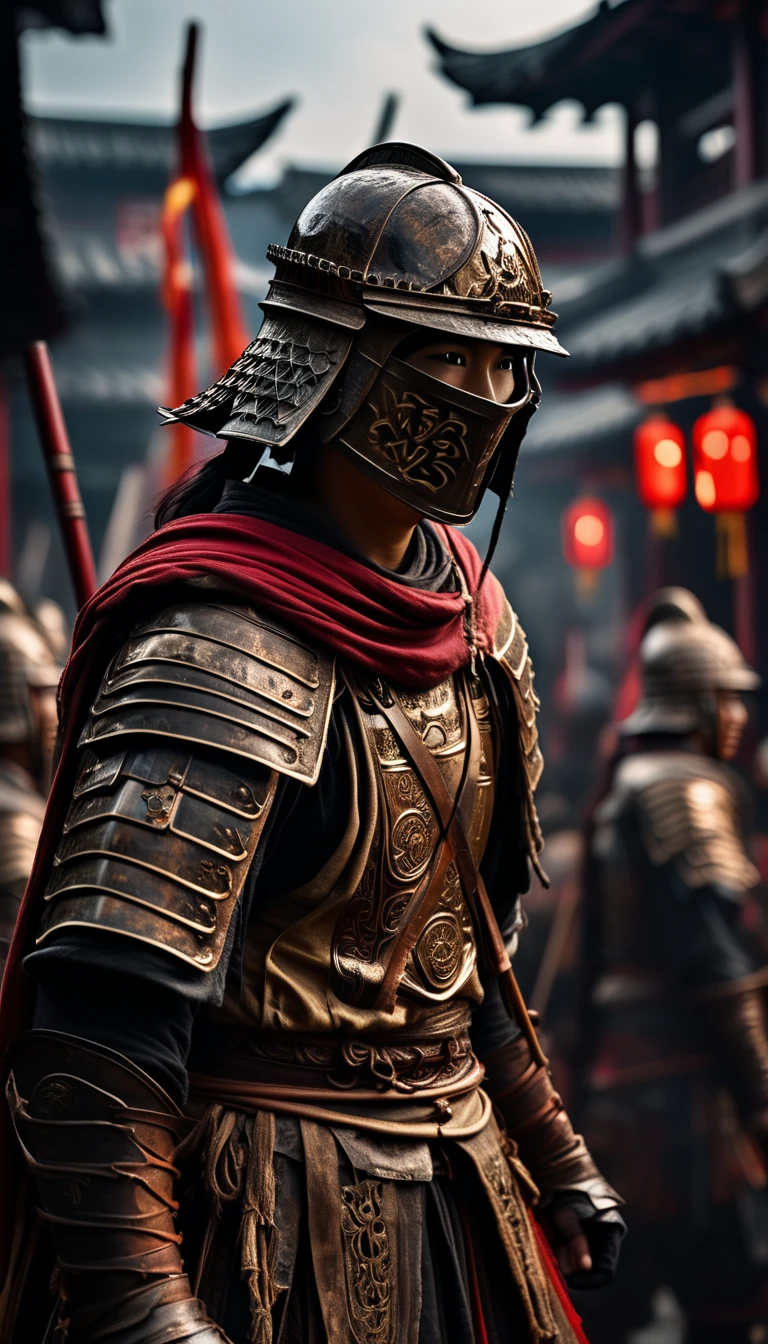 Warriors in traditional Chinese armor holding a white flag amidst the chaos of battle, background dark, hyper realistic, ultra detailed hyper realistic, photorealistic, Studio Lighting, reflections, dynamic pose, Cinematic, Color Grading, Photography, Shot on 50mm lens, Ultra-Wide Angle, Depth of Field, hyper-detailed, beautifully color, 8k, golden light from the front,