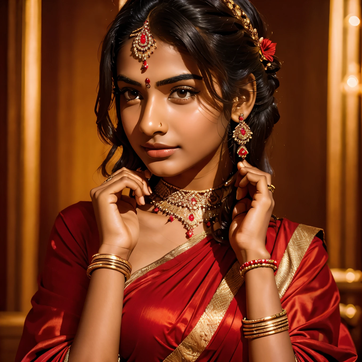 一名 16 岁的印度女孩用手遮住脸，戴着珠宝和红色连衣裙，穿着逼真的印度服装, 现实背景, 8K 分辨率, 完美肌肤纹理