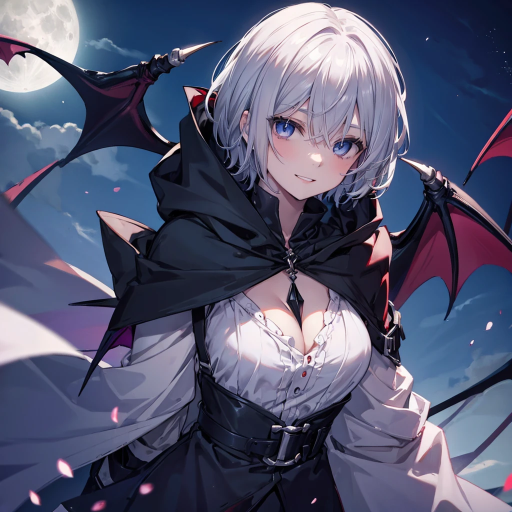 ((((vampire　Inflammation))))　(((Gray Hair　short hair　blue eyes　woman　Center close-up)))，((night　full moon　My own big wings))，(Wearing a hood　Black camisole　Purple light　Wearing a cloak)，　Creepy Smile　Showing teeth　Shining Background　Shining Edges