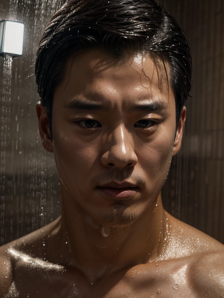 There was a man standing in the shower and his head foamy., Photos inspired by Jung Geun Lee, Tumblr, realism, Glittering from the rain, water dripping from him, Movie screen capture, South Korean man, movie screenshot, Still from the live action movie., Oh yes, Scenes from live-action movies, jin kim