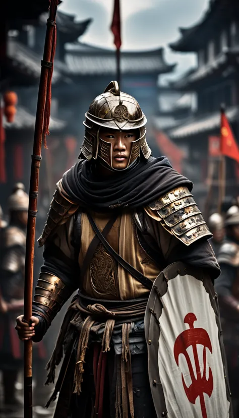 warriors in traditional chinese armor holding a white flag amidst the chaos of battle, holding a white flag, background dark, hy...