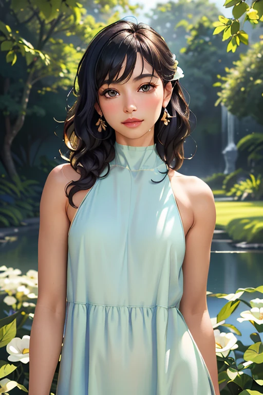 (best quality,4k,8k,highres,masterpiece:1.2),ultra-detailed,(realistic,photorealistic,photo-realistic:1.37),beautiful detailed eyes,beautiful detailed face,flowing curly hair,vibrant colors,soft lighting,dreamy atmosphere,summer garden,blooming flowers,gentle breeze,illustration,HD,studio lighting,portraits,pastel color palette,warm sunlight,airy feeling,peaceful environment,lush foliage,subtle shadows,dappled light,magical ambiance,serene mood,graceful movement,delicate petals,blurred background,elegant posture,harmonious composition,vivid hues,tranquil scene,nature-inspired,ethereal beauty,serene expression,delightful summer day