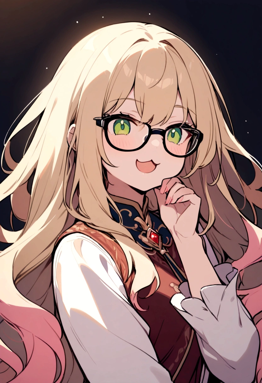 masterpiece,best quality,
, 1girl,long hair,very long hair,green  eyes, sandy blonde hair, (pink hair:0.9),(multicolored hair:0.7), 
, grin, :3, upper body, hand to own mouth,open mouth, glasses, pi