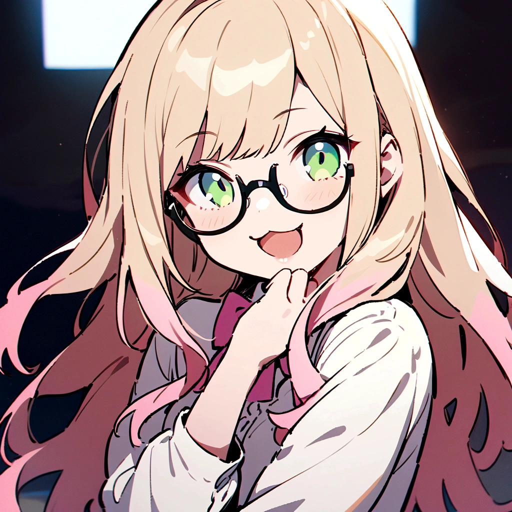 masterpiece,best quality,
, 1girl,long hair,very long hair,green  eyes, sandy blonde hair, (pink hair:0.9),(multicolored hair:0.7), 
, grin, :3, upper body, hand to own mouth,open mouth, glasses, pink bow, chibi