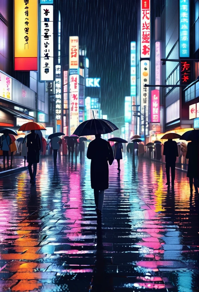 ((걸작, 최상의 품질, 높은 해상도)), ((매우 상세한 CG 통합 8k 벽지)), 도쿄 같은 도시 풍경, 빗속에서 우산을 쓰고 거리를 걷는 사람들, 폭우, 도시 불빛, 밤