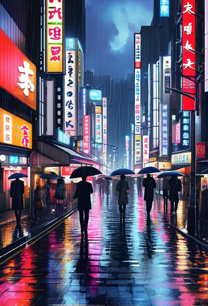 ((Obra de arte, mais alta qualidade, alta resolução)), ((papel de parede 8k integrado em CG muito detalhado)), paisagem urbana como Tóquio, pessoas andando na rua com guarda-chuvas na chuva, chuva pesada, Luzes da cidade, noite