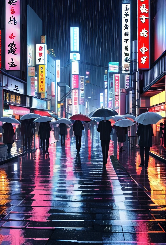 ((Masterpiece, highest quality, high resolution)), ((Very detailed CG integrated 8K wallpaper)), cityscape like Tokyo, people walking on the street with umbrellas in the rain, heavy rain, city lights, night