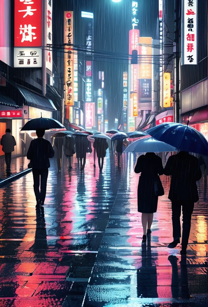 ((Obra maestra, de la máxima calidad, alta resolución)), ((Fondo de pantalla 8k integrado CG muy detallado)), Paisaje urbano como Tokio, gente caminando por la calle con paraguas bajo la lluvia, Lluvia Pesada, Luces de la ciudad, noche