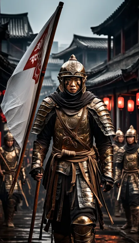 warriors in traditional chinese armor holding a white flag amidst the chaos of battle, holding a white flag, background dark, hy...