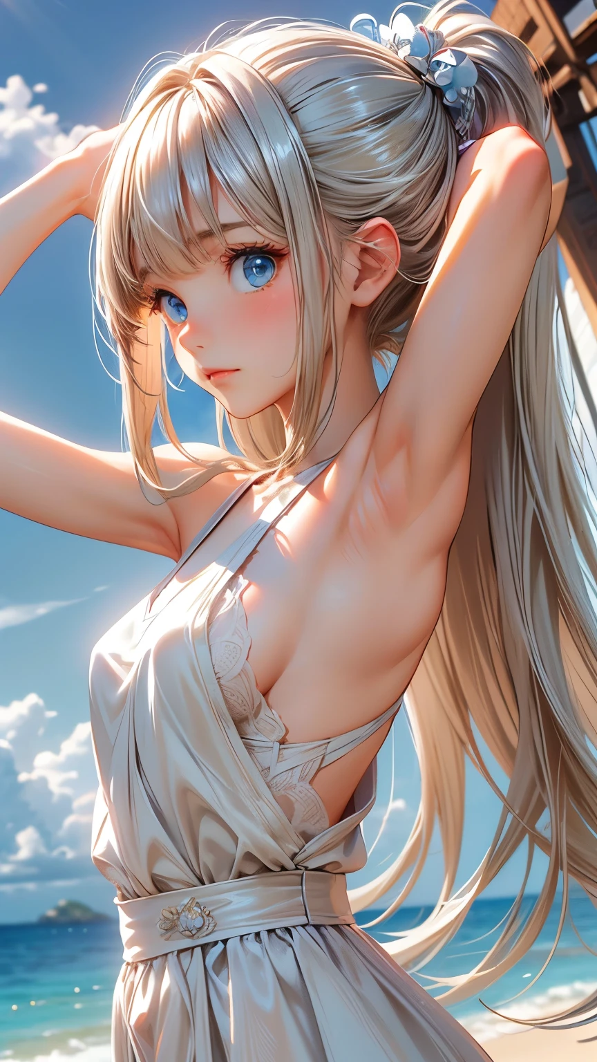 master piece , best quality , detailed , woman , bangs , dresses , standing , hands up , armpit , (from side) , beach, Shiny platinum blonde silk super long straight hair, beautiful shiny bangs, big clear sky blue eyes, very beautiful bright eye highlights, Embarrassing, Blushing
