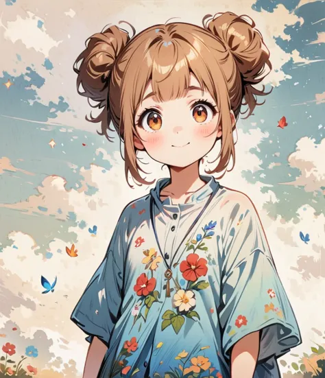 ひまわり畑, cartoonish character design，1 girl, alone，big eyes，Cute expression，Two hair buns，Floral shirt，interesting，interesting，cle...