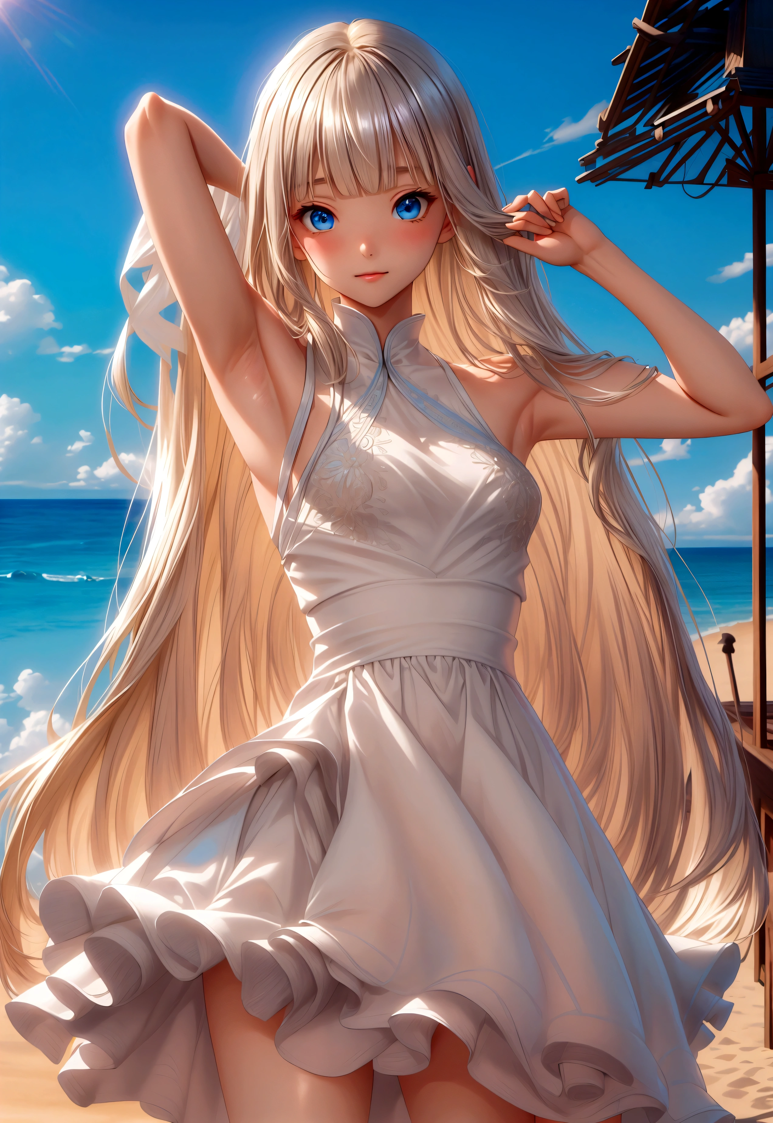 master piece , best quality , detailed , dresses , standing , hands up , armpit , from front , beach, Shiny platinum blonde silk super long straight hair, beautiful shiny bangs, big clear sky blue eyes, very beautiful bright eye highlights, Embarrassing, Blushing