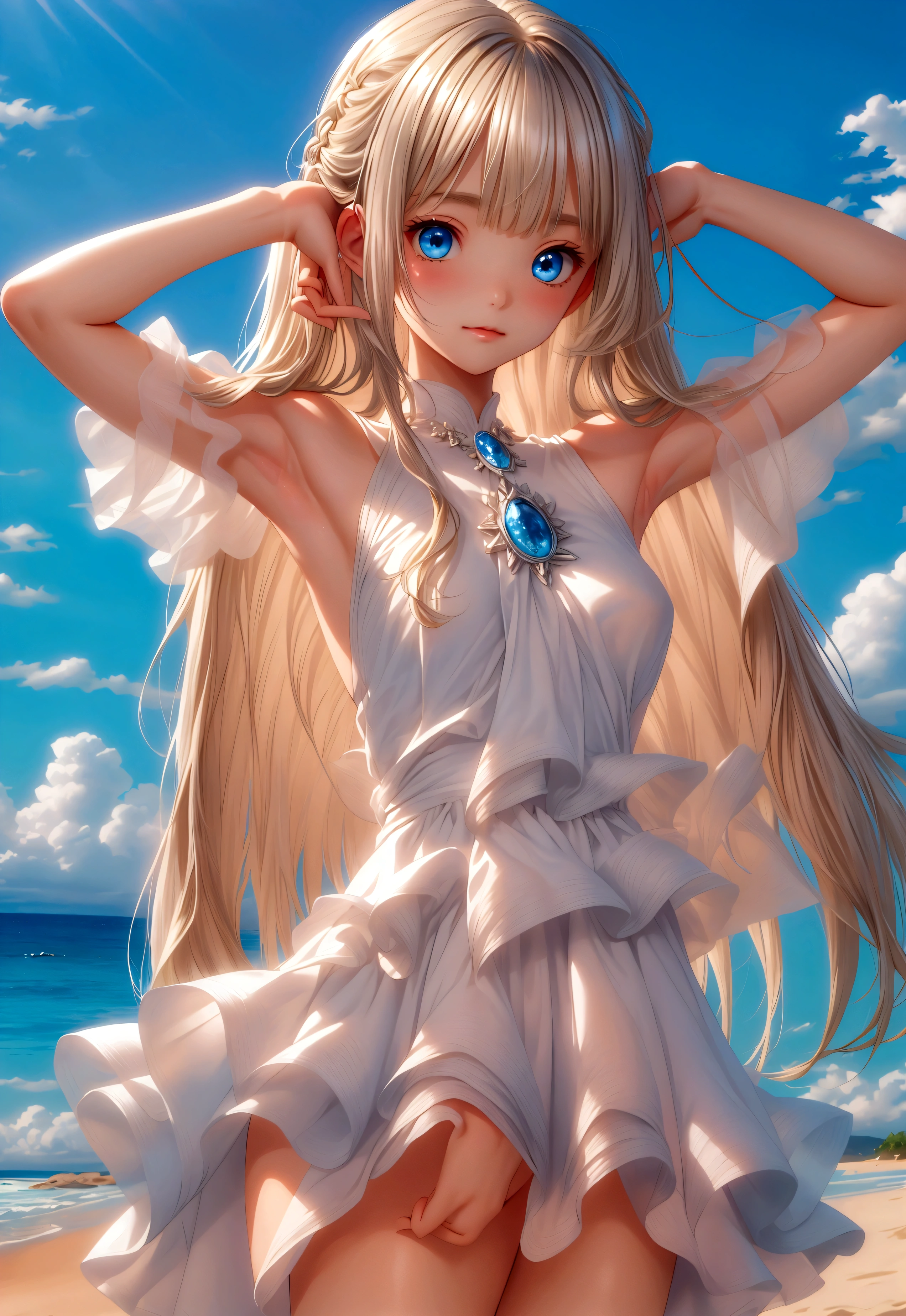 master piece , best quality , detailed , dresses , standing , hands up , armpit , from front , beach, Shiny platinum blonde silk super long straight hair, beautiful shiny bangs, big clear sky blue eyes, very beautiful bright eye highlights, Embarrassing, Blushing