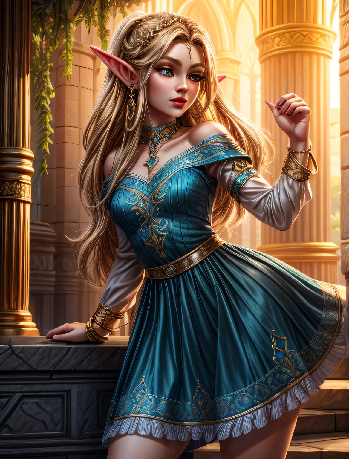 UHD 8k, HDR+, cute blonde elf with big piercing eyes, with a golden calle on her neck, huge earrings, giant earrings, a beautiful elven face, elven ears, gold bracelets on her arms, long black hair flowing over her shoulders, white high heels, high heels, elven snow-white dress embroidered with gold, Against the background of the palace of the elf king, detailed background, detailed background, realistic, 1girl, solo girl, 20 year old girl, ultra realistic face, hyperrealistic, hyperdetailed, (looking at viewers), sharpen, detailed face, detailed eyes, detailed lips, red lips, beautiful face, 16k, FHD, raw photo, cute face mesh, pretty face mesh, portrait shot 8 k