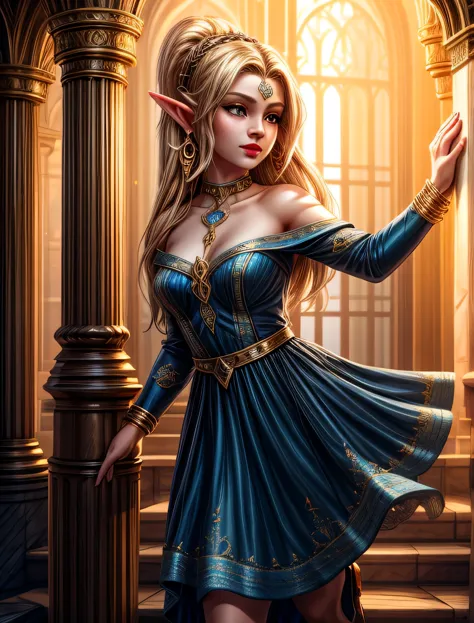 UHD 8k, HDR+, cute blonde elf with big piercing eyes, with a golden calle on her neck, huge earrings, giant earrings, a beautifu...