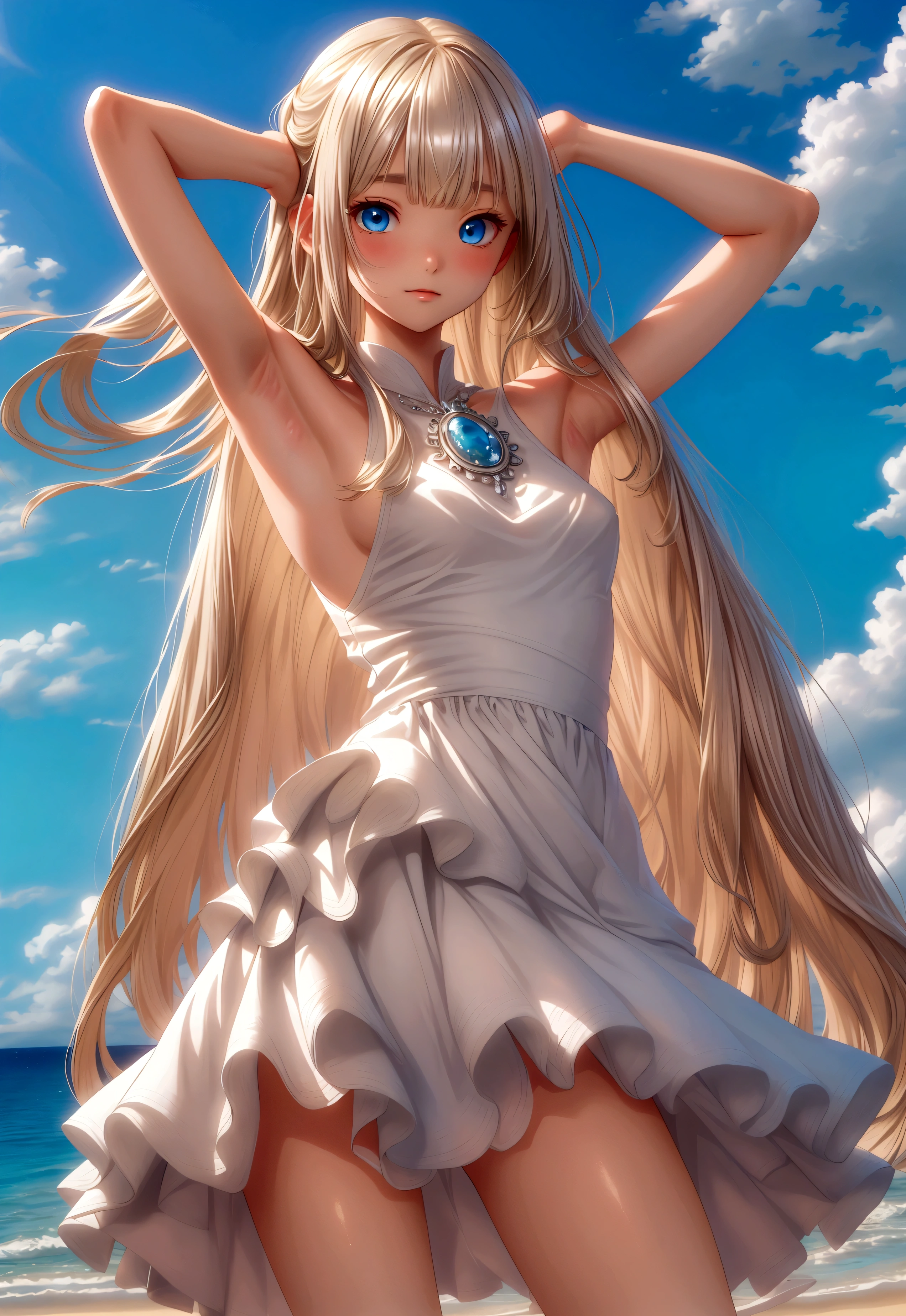 master piece , best quality , detailed , dresses , standing , hands up , armpit , from front , beach, Shiny platinum blonde silk super long straight hair, beautiful shiny bangs, big clear sky blue eyes, very beautiful bright eye highlights, Embarrassing, Blushing