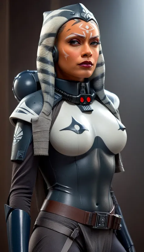 A beautiful sexy woman, ahsoka, skin tight latex, dressed as latex imperial officer, (detailed realistic,4k,8k,highres,masterpie...