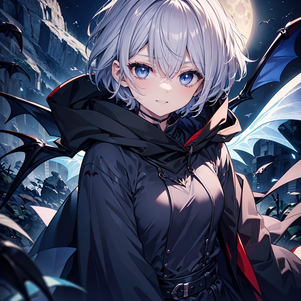 ((((vampire　Inflammation))))　(((Gray Hair　short hair　blue eyes　woman　Center close-up)))，((night　full moon　My own big wings))，(Wearing a hood　Black camisole　Purple light　Wearing a cloak)，　Creepy Smile　Showing teeth　Shining Background　Shining Edges