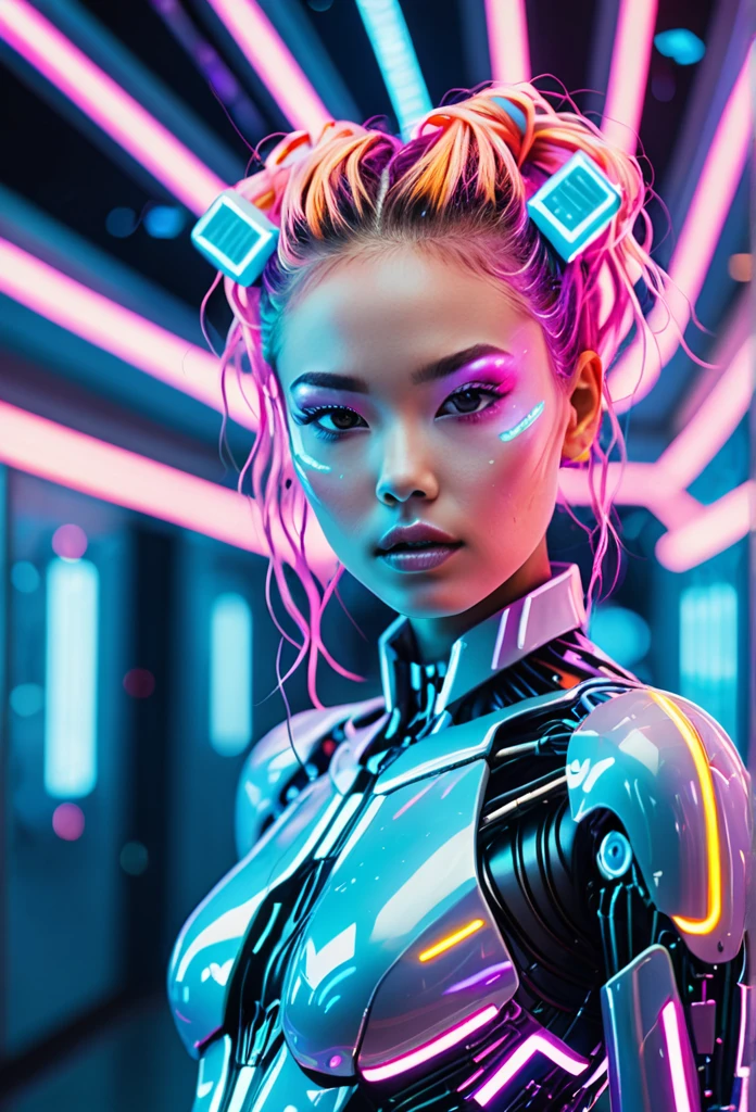 cybernetic style Ultimate fusion of technology and allure, Cosmic Cyber Warrior. Embodying the creative genius of Jovana Rikalo, Brandon Woelfel, and Ross Tran, spectacular cosmic landscapes fraught with otherworldly conflict. Shimmering cables course beneath her translucent epidermis, connecting to powerful vertebrae that support a resplendent skull adorned with cascading neon undercut locks. Mysterious constellations twinkle ominously overhead, casting eerie shadows on the ground below. This masterpiece encapsulates the quintessential essence of science fiction, presenting a highly detailed exploration of extraterrestrial themes guaranteed to captivate audiences worldwide. . futuristic, technological, cybernetic enhancements, robotics, artificial intelligence themes