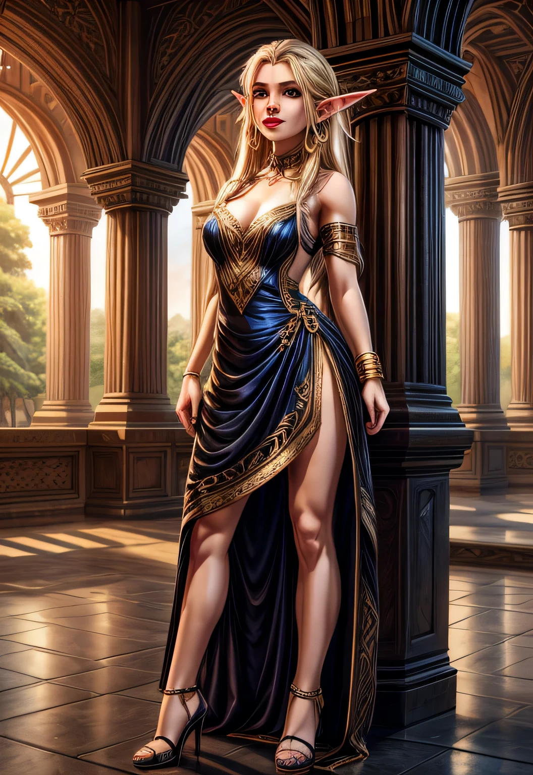 UHD 8k, HDR+, cute blonde elf with big piercing eyes, with a golden calle on her neck, huge earrings, giant earrings, a beautiful elven face, elven ears, gold bracelets on her arms, long black hair flowing over her shoulders, white high heels, high heels, elven snow-white dress embroidered with gold, Against the background of the palace of the elf king, detailed background, detailed background, realistic, 1girl, solo girl, 20 year old girl, ultra realistic face, hyperrealistic, hyperdetailed, (looking at viewers), sharpen, detailed face, detailed eyes, detailed lips, red lips, beautiful face, 16k, FHD, raw photo, cute face mesh, pretty face mesh, portrait shot 8 k