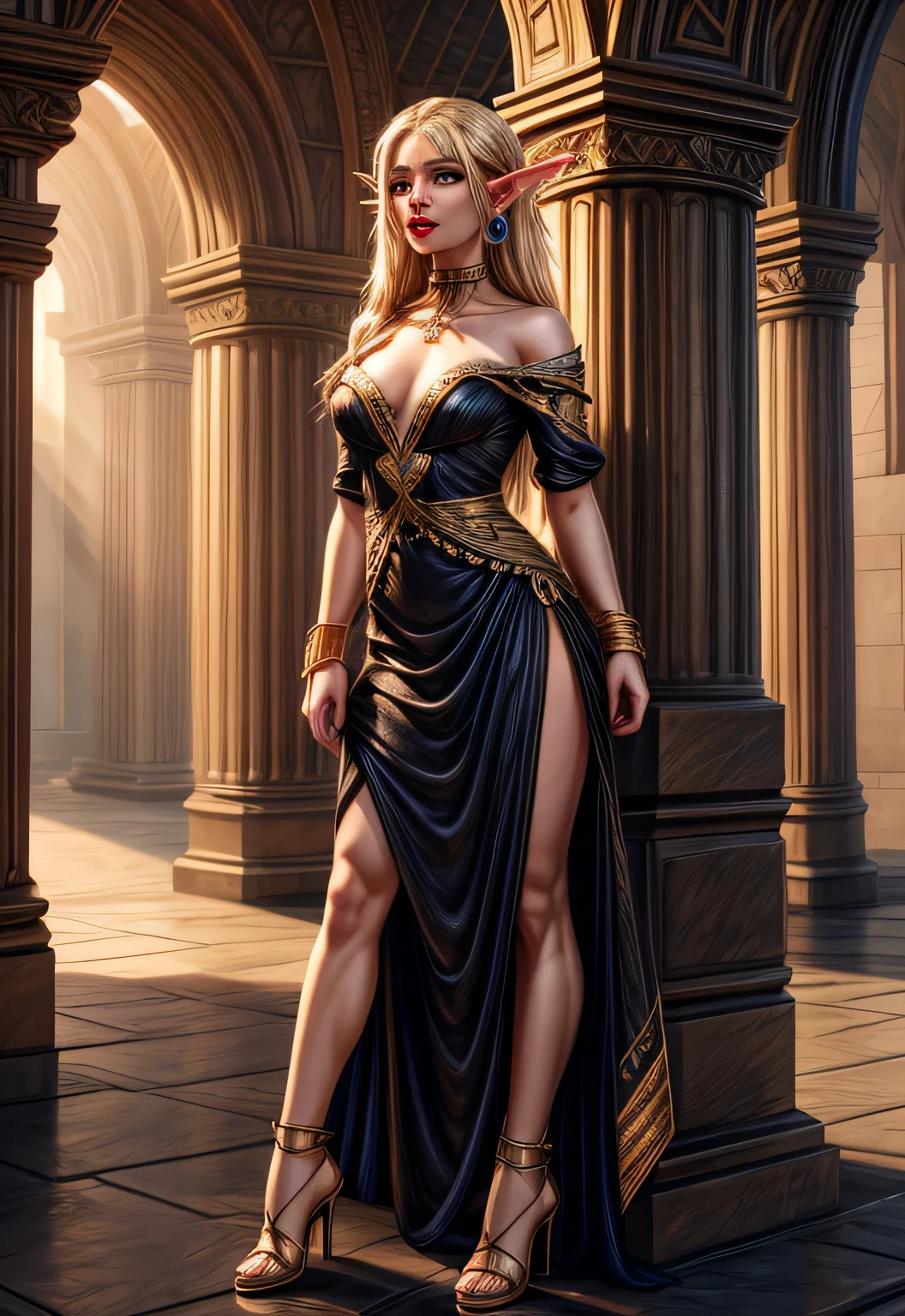 UHD 8k, HDR+, cute blonde elf with big piercing eyes, with a golden calle on her neck, huge earrings, giant earrings, a beautiful elven face, elven ears, gold bracelets on her arms, long black hair flowing over her shoulders, white high heels, high heels, elven snow-white dress embroidered with gold, Against the background of the palace of the elf king, detailed background, detailed background, realistic, 1girl, solo girl, 20 year old girl, ultra realistic face, hyperrealistic, hyperdetailed, (looking at viewers), sharpen, detailed face, detailed eyes, detailed lips, red lips, beautiful face, 16k, FHD, raw photo, cute face mesh, pretty face mesh, portrait shot 8 k