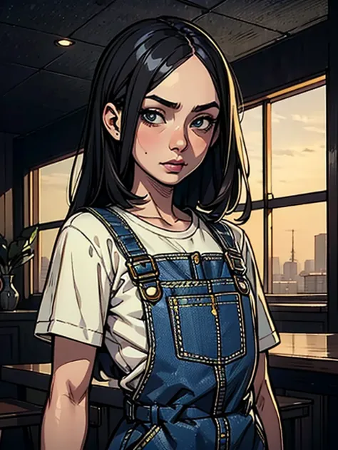 (masterpiece: 1.2, highest quality), (snap shot), flat illustration, creepy appearance, unique atmosphere、coveralls overalls bea...