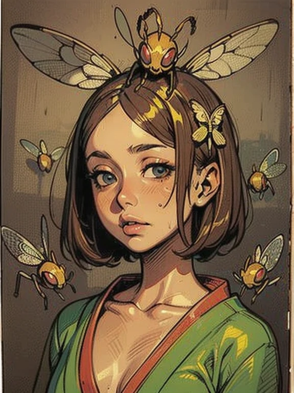 (,(masterpiece), (High resolution), (Very delicate), (masterpiece: 1.2, Highest quality), scribble, nightmare, Doll-like face, Manga style, rough sketch, Comic style illustration, Japanese painting, whole body,(snap shot), Flat Illustration, Creepy Appearance, Unique atmosphere、A man surrounded by a multitude of insects
