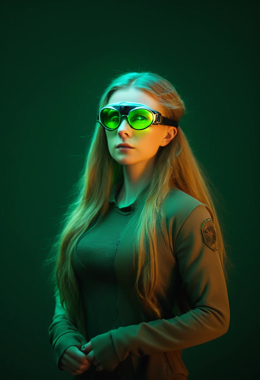 evil slavic woman, long dark blond hair, pale skin, a buff and tattooed squirrel at night , night-vision googles, green glowing glasses, tactical espionage, sneaky,