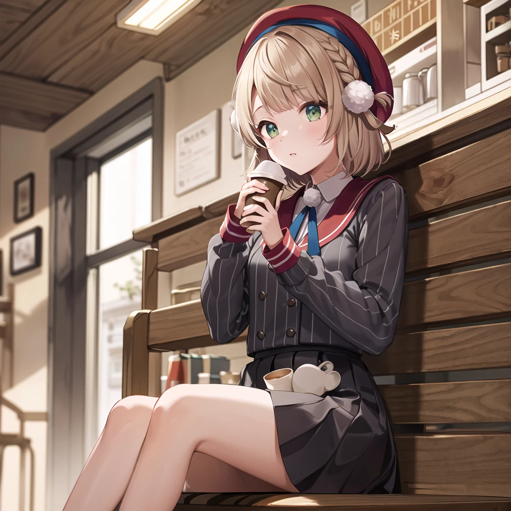 masterpiece, Highest quality, High resolution, 1 onion, One girl, alone, Hair Ring, Green Eyes, Pompom hair ornament, Sailor collar, Long sleeve, Striped jacket, Braiding, vertical_striped skirt, vertical stripes, beret, Cowboy Shot, Sitting, Cafe, indoor, coffee,