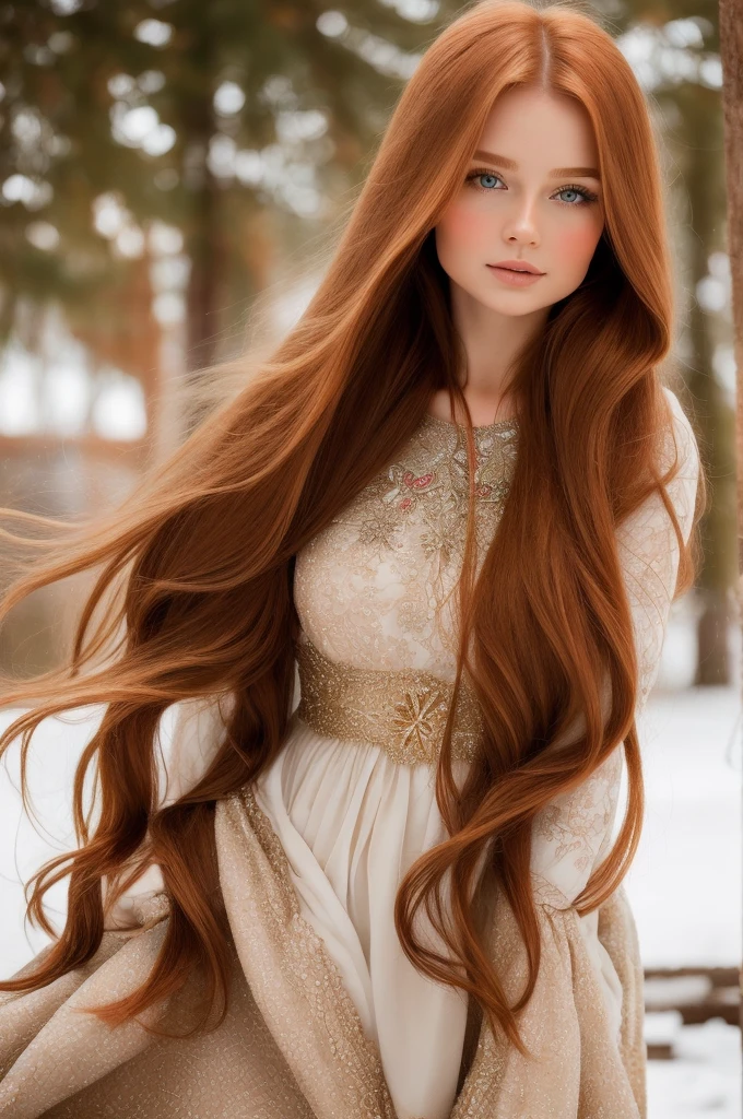 A gorgeous, pretty, shiny, kind-hearted, warm-hearted, sweet, polite, sensitive, friendly, charming, graceful, stylish, classy, alluring, majestic, ethereal, angelical ginger long haired russian woman dressed in traditional winter costumes.