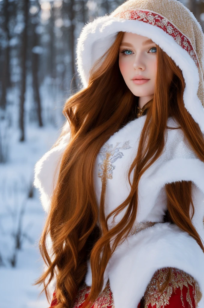 eine wunderschöne, hübsch, glänzend, Gutherzig, warmherzig, süß, polite, empfindlich, freundlich, charmant, anmutig, stilvoll, Nobel, verlockend, majestätisch, ätherisch, Engelhafte rothaarige Russin mit langen Haaren in traditioneller Wintertracht.