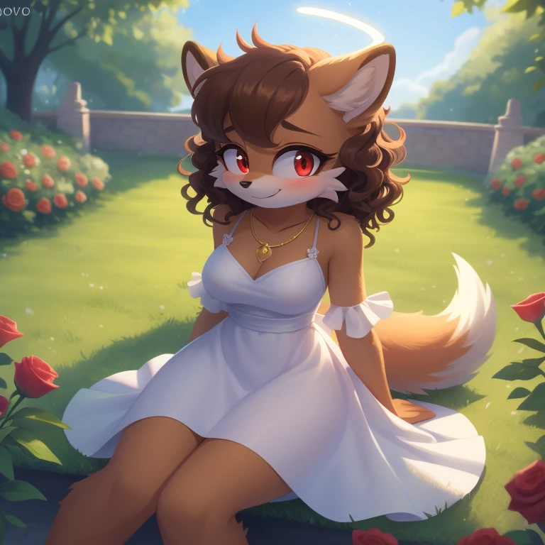 mobian, hedgehog, medium breasts, two-tone fur ((orange fur, brown fur)), dress, she is out in the open at a rose garden, seated on the grass like a princess, two-tone hair (brown hair, black tip)), curly hair, halo, jewelry, red eyes, longeyelashes, red eyes, smile, blush, shy, high detail, masterpiece, UHD, anatomically correct, super detail, highres, 4K