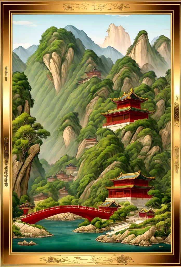 chinese landscape painting，cloisonné enamel，gold trim，exquisite craftsmanship，modern approach，super fine，4k ultra high definitio...