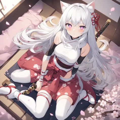 Anime girl with long white hair sitting on a mat，Clock in hand, very beautiful anime cat girl, Anime style 4k, Cherry blossom pe...