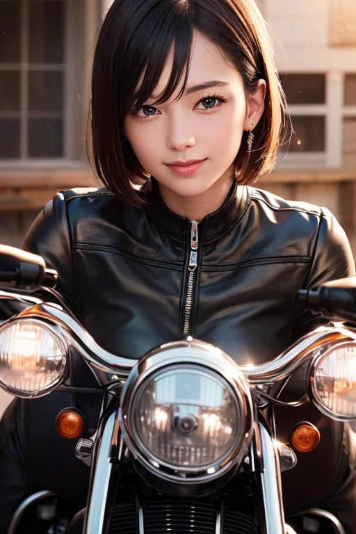 (Best Quality,4K,8K,hight resolution,masutepiece:1.2),Ultra-detailed,Realistic,Extremely detailed, Colorful tones, Soft lighting smile,((Motorcycle)),